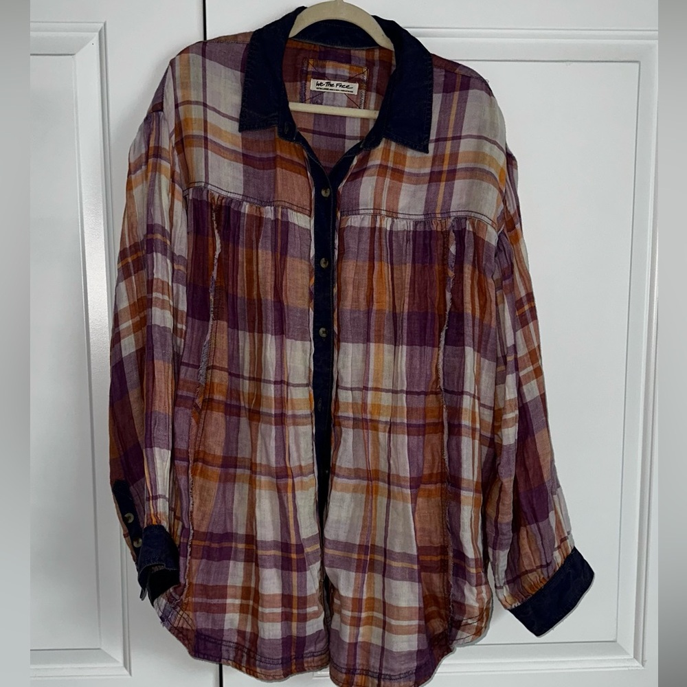 Free People Olivia Plaid Shirt- XL Purple and Orange- Oversized